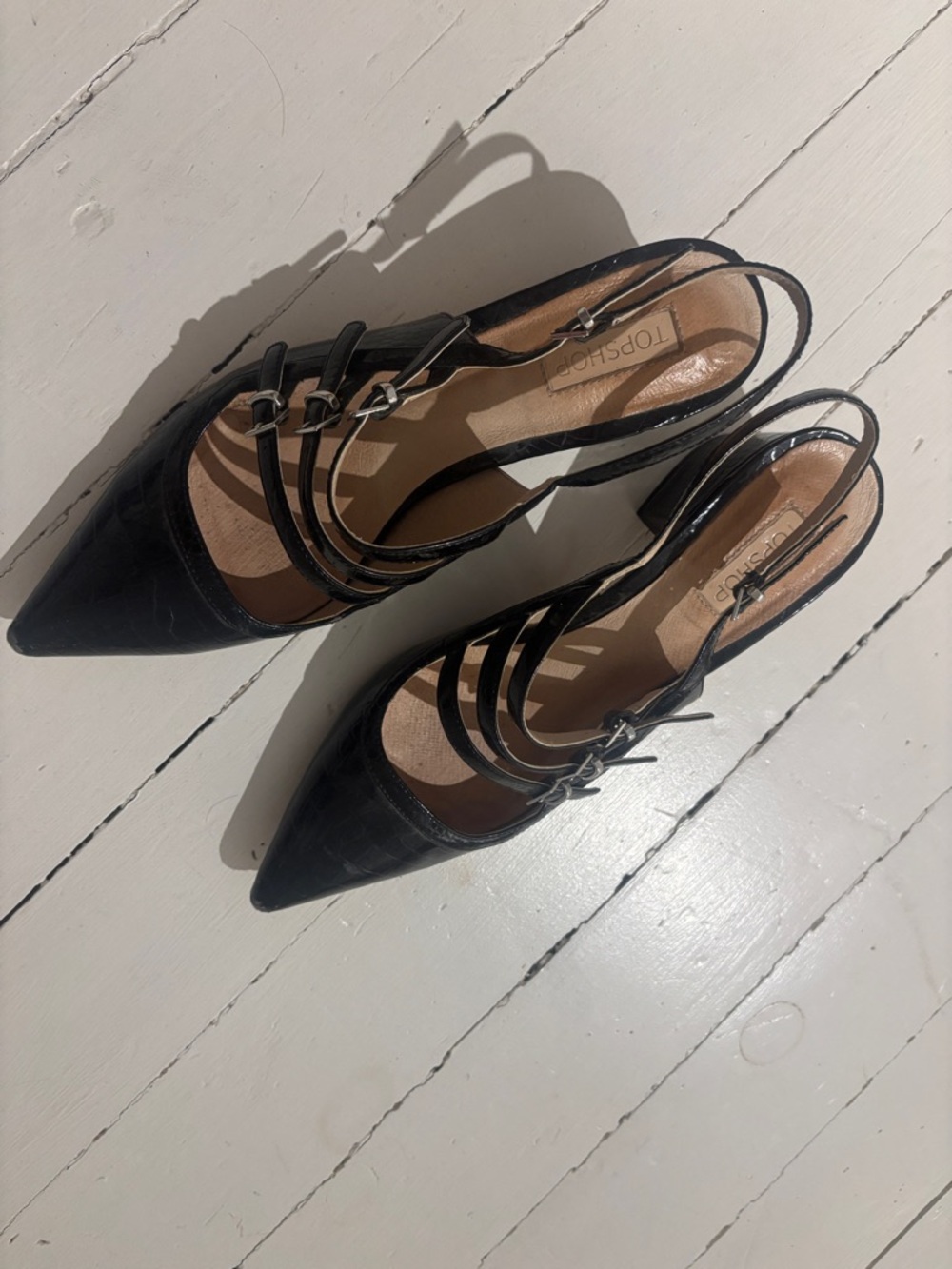 Topshop Black Pointed Slingback Heels with Triple Buckle Straps